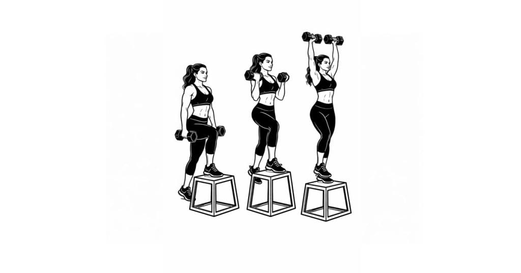 Dumbbell Step-Up to Curl to Press